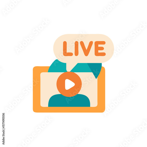 Live streaming video concept illustration featuring a play button and speech bubble with the word live, representing digital communication and online engagement in modern technology