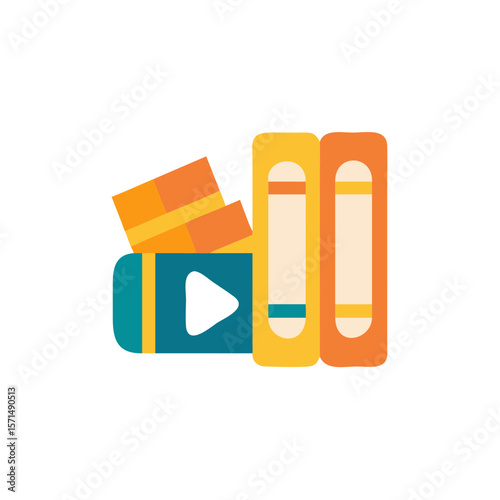 Colorful flat illustration of books stacked beside a play button, representing digital learning, education, and multimedia resources for modern knowledge acquisition and engagement