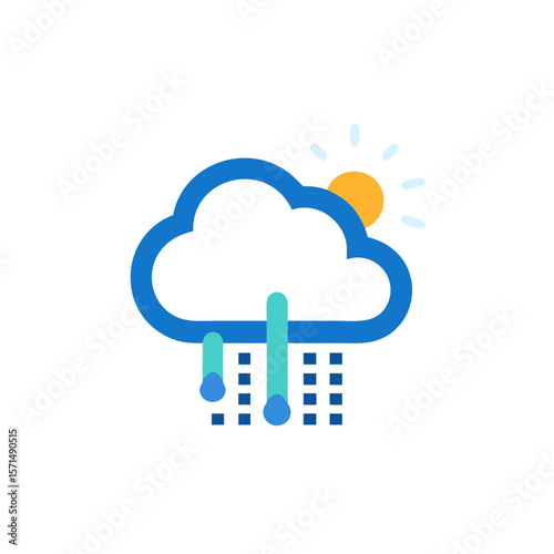 Colorful flat illustration of a cloud with rain and sun, depicting a weather scene that combines elements of sunshine and precipitation in a vibrant design