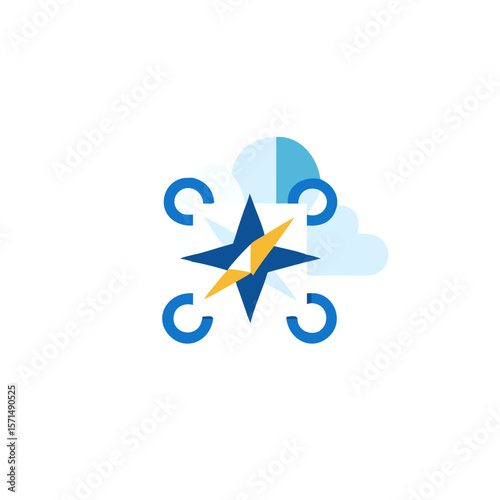 Drone illustration with compass design, featuring blue and yellow elements, set against a light cloud background, symbolizing navigation and technology in aerial exploration