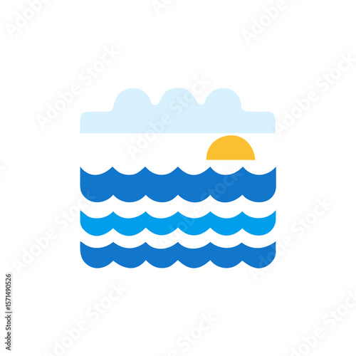 Colorful flat illustration of ocean waves with a bright sun setting on the horizon, creating a serene and tranquil atmosphere for relaxation and inspiration