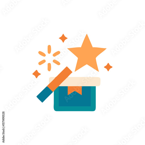 Colorful flat illustration of a magic wand with sparkles and a star, symbolizing creativity and imagination, set against a vibrant background with playful elements