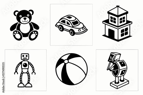 Black and white icons of various toys isolated on white background