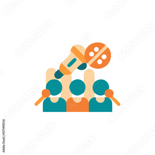 Group of diverse individuals holding microphones, engaging in a lively discussion, with a colorful backdrop, representing collaboration and communication in a creative environment
