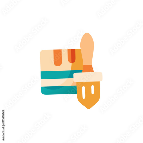 Colorful flat illustration of a paintbrush and paint palette, showcasing vibrant hues and artistic tools, representing creativity and artistic expression in a minimalistic design