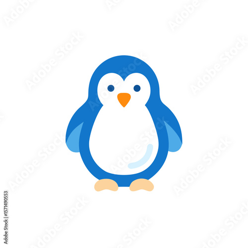 Cute cartoon penguin illustration with a round body, blue and white colors, and an orange beak, showcasing a playful and friendly character in a whimsical style