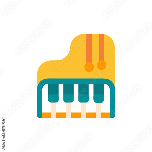 Colorful flat illustration of a grand piano with vibrant keys and a unique design, showcasing musical creativity and artistic expression in a playful manner