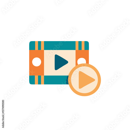 Colorful flat illustration of a video play button and a stack of banknotes, representing digital currency and online payment systems in a modern financial context