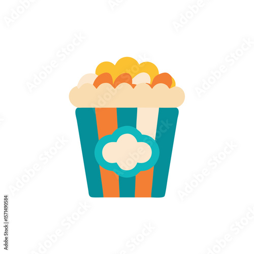 Colorful popcorn bucket filled with buttery popcorn, featuring a striped design, perfect for movie nights or snack time, evoking a sense of fun and enjoyment