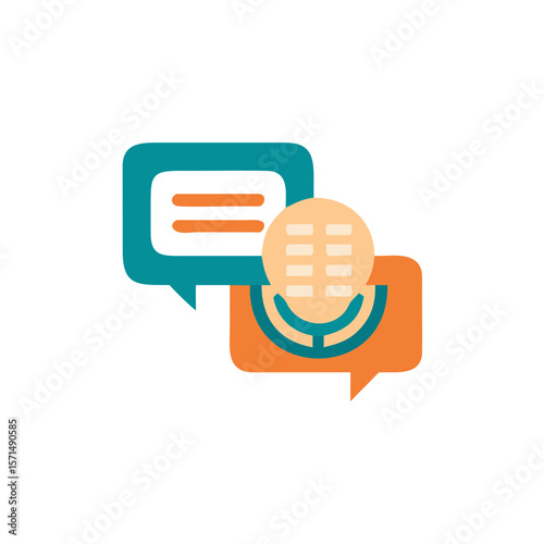 Colorful flat illustration of two speech bubbles with a microphone in the center, symbolizing communication, dialogue, and interaction in a digital environment for creative projects