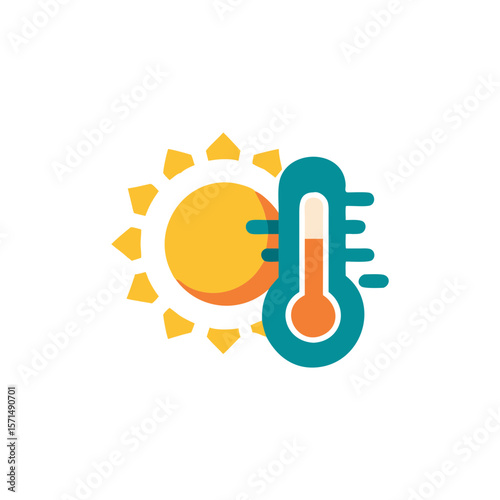 Colorful flat illustration of a thermometer surrounded by a bright sun, symbolizing temperature measurement and weather conditions, conveying warmth and summer vibes