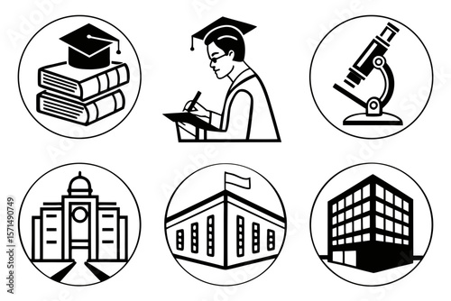 Illustrations depict education, science, and academic buildings in black and white