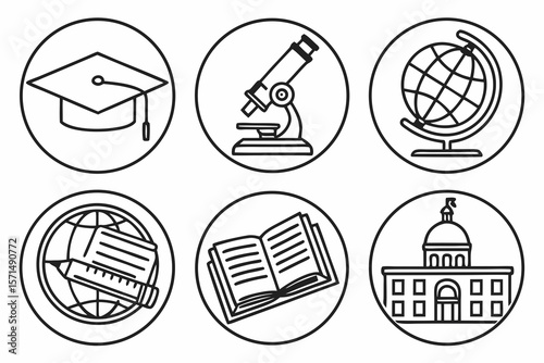 Line art icons represent education, science, and global learning