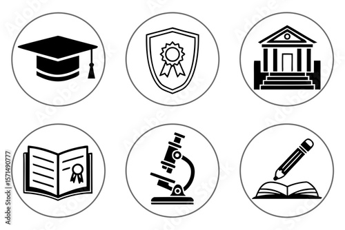 Black and white icons represent education, awards, and academic pursuits