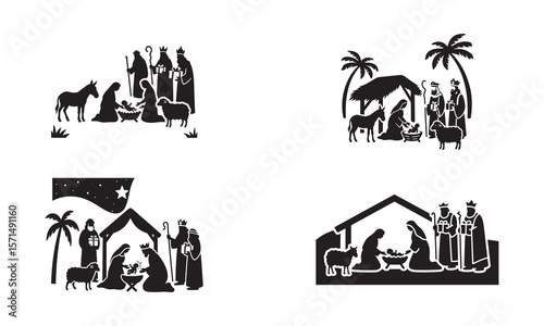 Nativity Scene Silhouette with Baby Jesus, Mary, Joseph, Wise Men, and Star of Bethlehem – Minimal Black and White Vector
