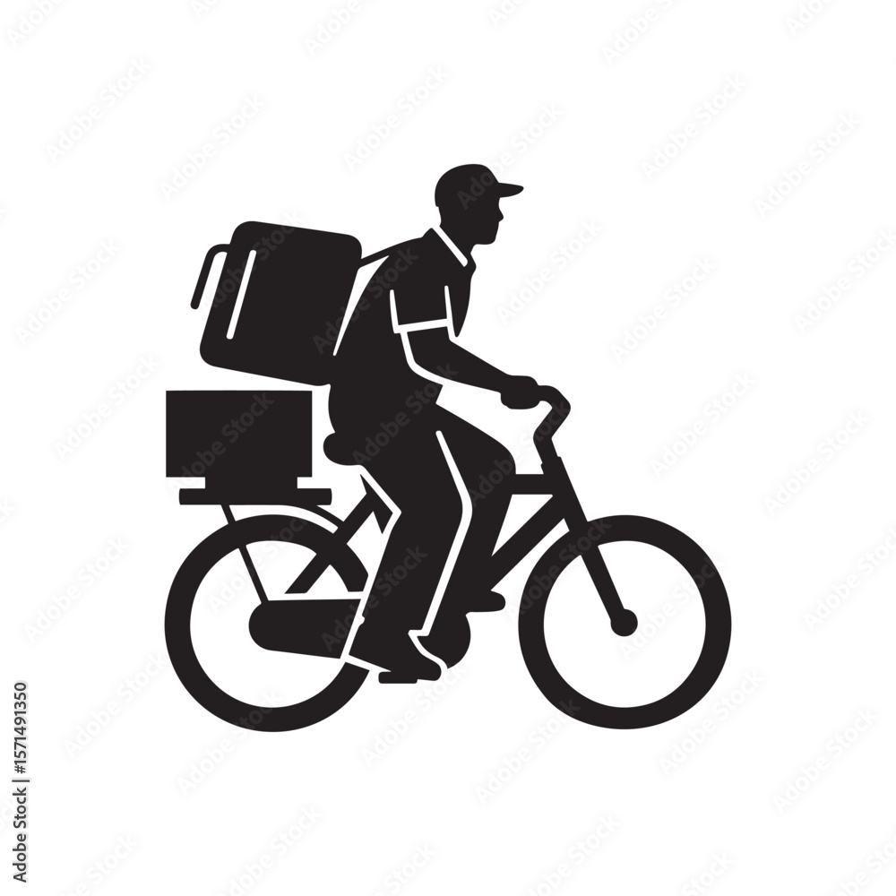 Fototapeta premium Silhouette of Delivery Man on Bicycle – Minimal Black and White Vector Illustration