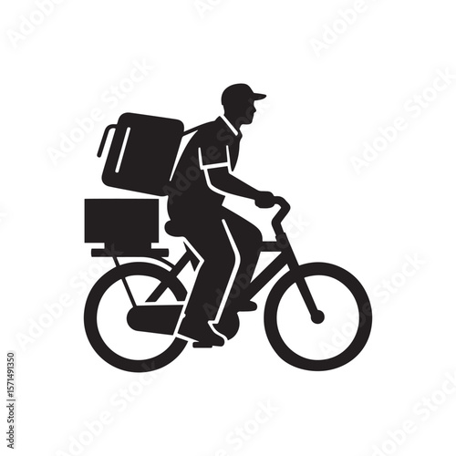 Silhouette of Delivery Man on Bicycle – Minimal Black and White Vector Illustration