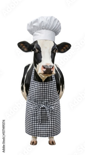 cow dressed as a chef, wearing an apron and a tall chef’s hat, standing upright on a white background with a friendly and professional expression
