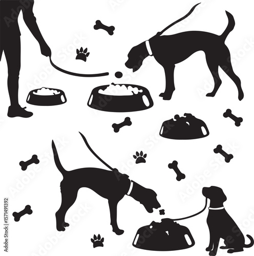 Black Silhouette Dogs Eating Food Bowls Bones Paws Leashes Person Walking Dog white