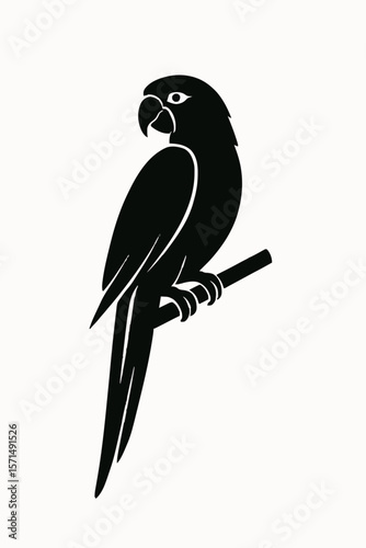 Perched parrot silhouette vector, exotic bird graphic, detailed beak and tail shape, tropical animal art, minimal parrot design, vibrant nature icon, modern wildlife emblem, rainforest decor vector.