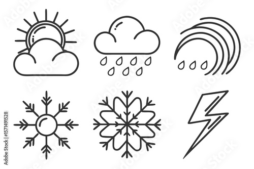 Weather icons with sun, cloud, rain, snow, and lightning isolated on white