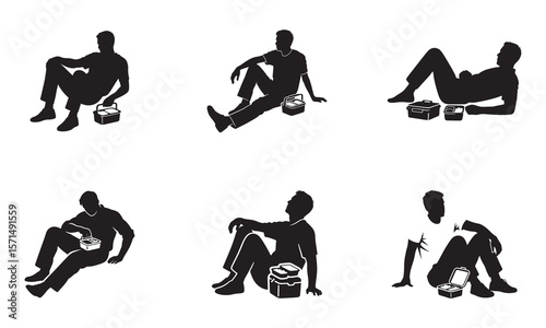 Silhouette of Man Resting with Lunchbox After Work – Minimal Black on White Vector Illustration