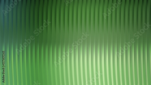 Fluted green ribbed glass background with soft vertical stripes. 3d line texture with ribbed effect gradient wave.