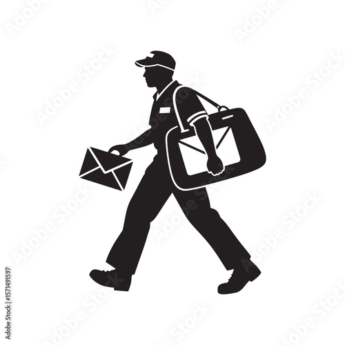 Silhouette of Postal Worker Carrying Mailbag and Envelope – Minimal Black on White Vector