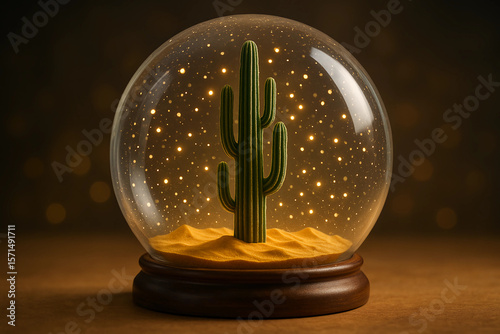 Miniature world showing a tall cactus skyscraper rising from golden sand inside a magical snowglobe