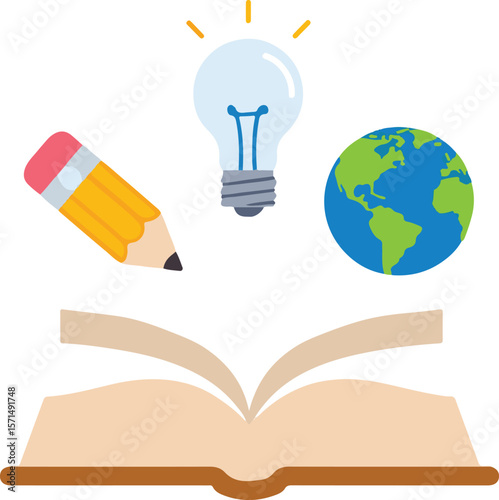 Minimalist Vector Illustration of Open Book with Floating Education Icons in Pastel Colors on White Background