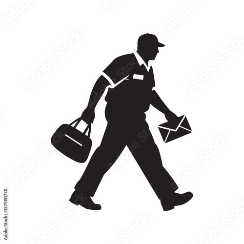 Silhouette of Postal Worker Carrying Mailbag and Envelope – Minimal Black on White Vector