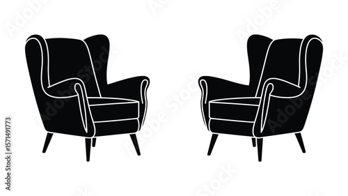 Two cozy wingback chairs are ready for relaxation, creating a calm, inviting ambiance in this elegant silhouette interior furnishing.