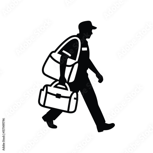 Silhouette of Postal Worker Carrying Mailbag and Envelope – Minimal Black on White Vector