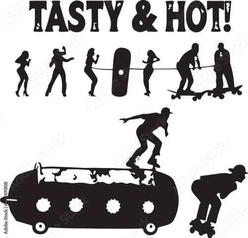 Black Silhouette Hot Dog Cart Skateboarders Women Tug Of War Tasty Hot Food Truck Graphic hotdog