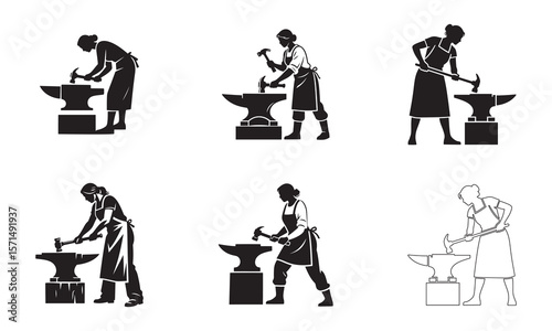 Silhouette of Woman Blacksmith Hammering on Anvil – Minimal Black on White Vector