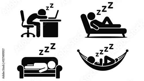 Sleeping poses in various locations depict relaxation, tiredness, and rest with silhouettes on furniture.