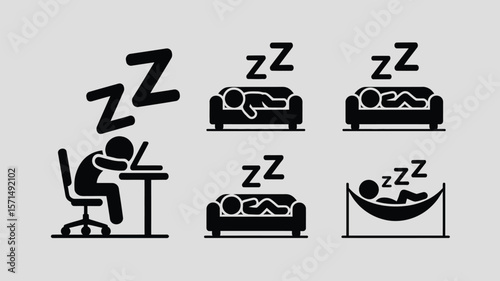 Exhaustion captured in simple black and white icons, illustrating burnout, sleepiness, fatigue, and rest with stick figures.