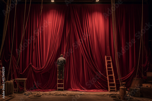 Individual standing on a ladder in front of rich red curtains, adjusting fabric in a theater setting, surrounded by ropes and wooden ladders, preparing for a performance
