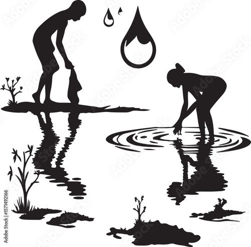 Black Silhouette Illustration Two People Collecting Water Puddle Reflections Plants Water Drops white