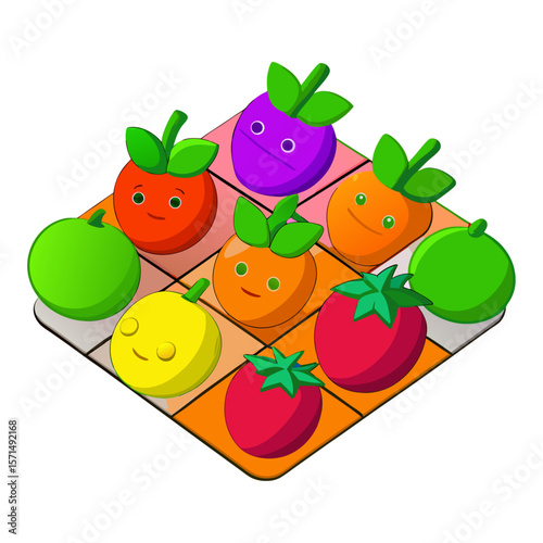 Cartoon fruits and vegetables with happy faces on a checkered background vector