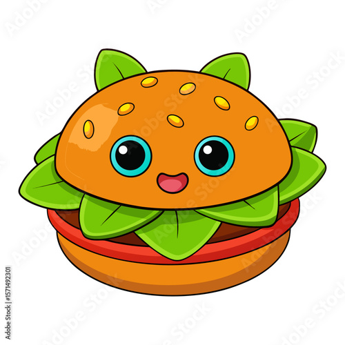 Cute cartoon hamburger with big blue eyes and green lettuce food