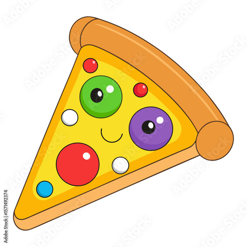 Cute cartoon pizza slice with colorful toppings and a happy face food