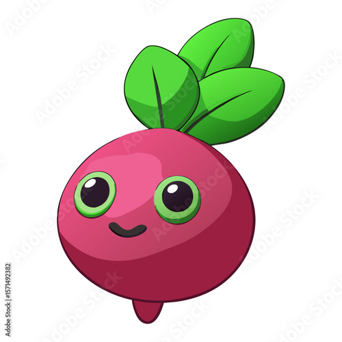 Cute cartoon radish with green leaves and big eyes vegetable character