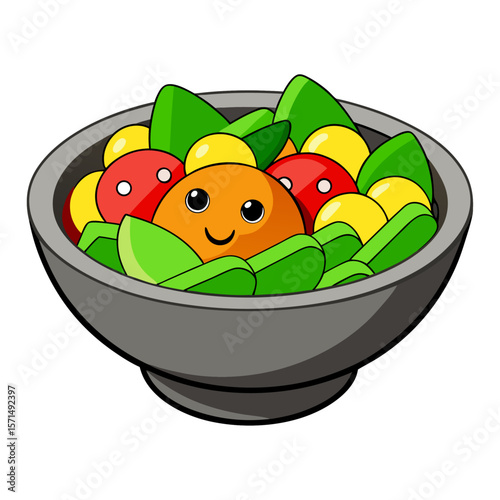 Cute cartoon salad bowl with smiling orange food