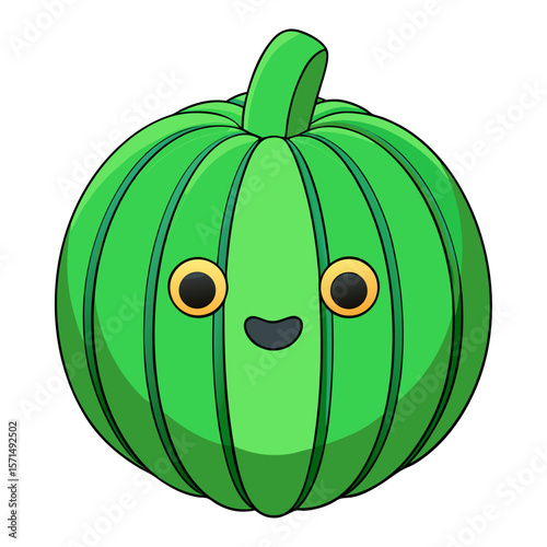 Cute green pumpkin character with friendly face cartoon