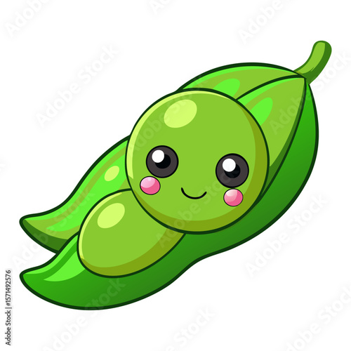 Cute smiling pea pod with big eyes and pink cheeks cartoon vegetable