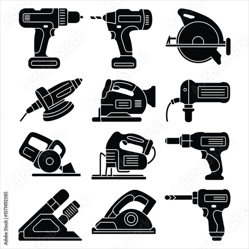 Black power tools collection drill circular saw