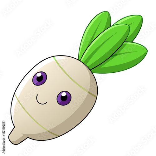 Cute smiling radish with green leaves vegetable food