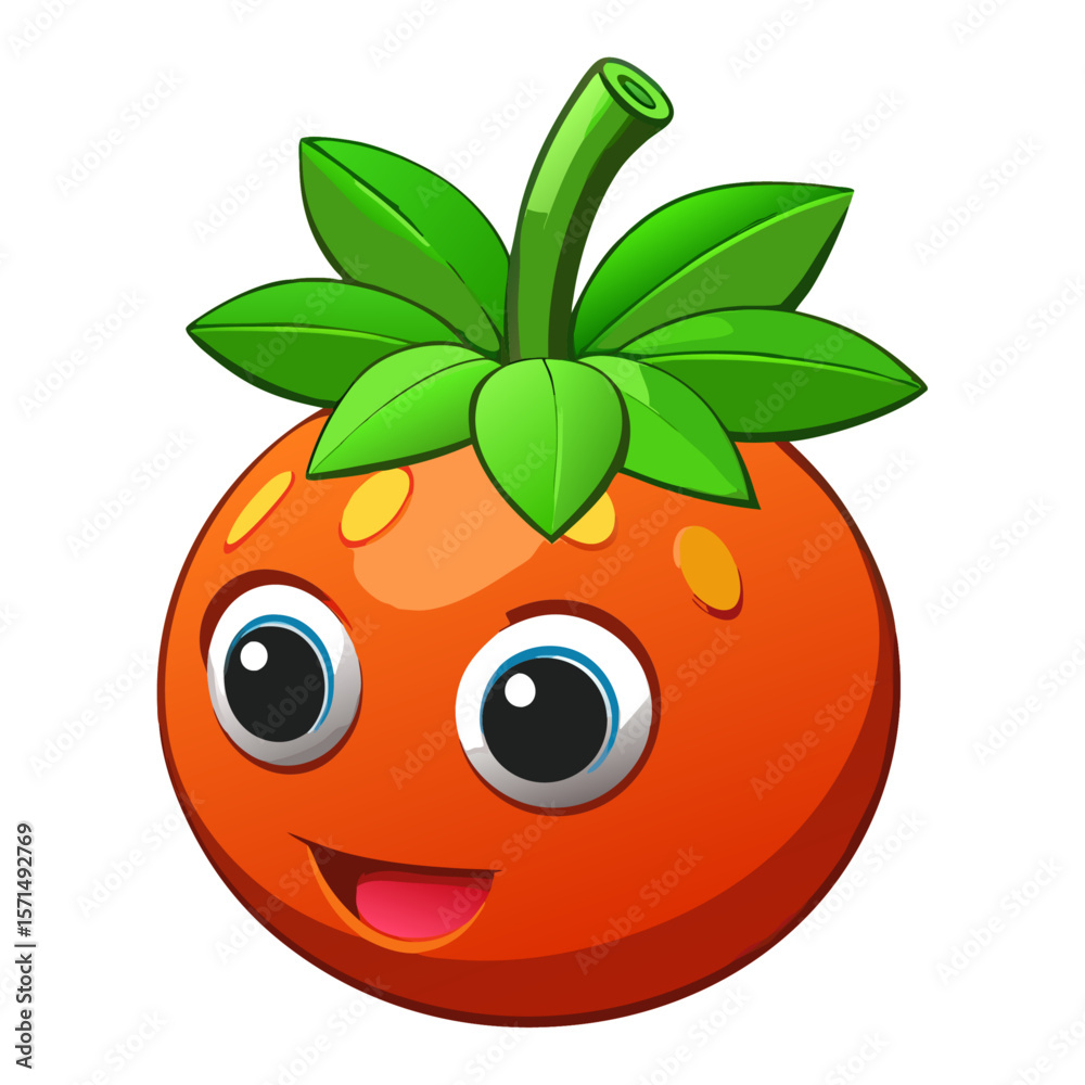 Obraz premium Smiling orange fruit with green leaves and stem cartoon happy