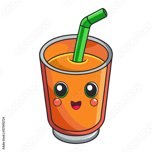 Kawaii orange juice glass with green straw and happy face vector